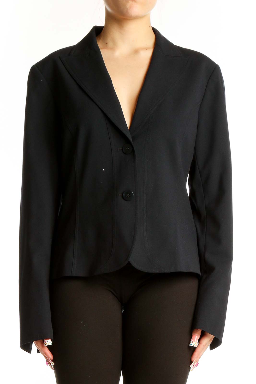 Front view of Lafayette 148 New York black wool blend blazer