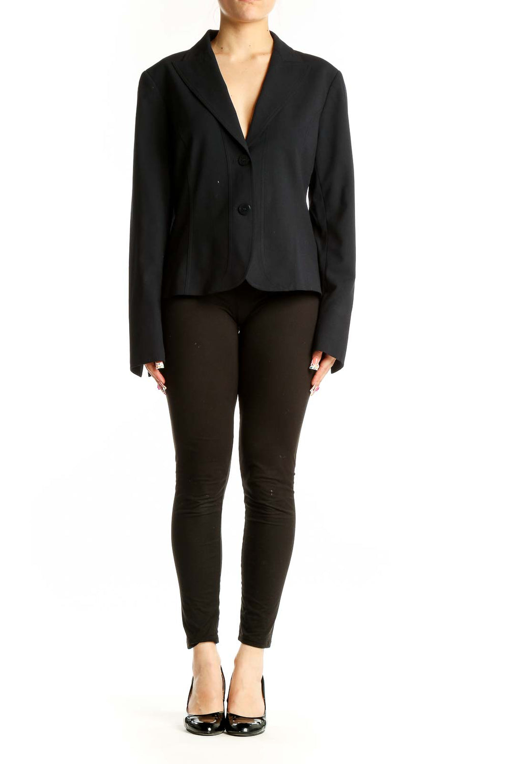 Front view of Lafayette 148 New York black wool blend blazer