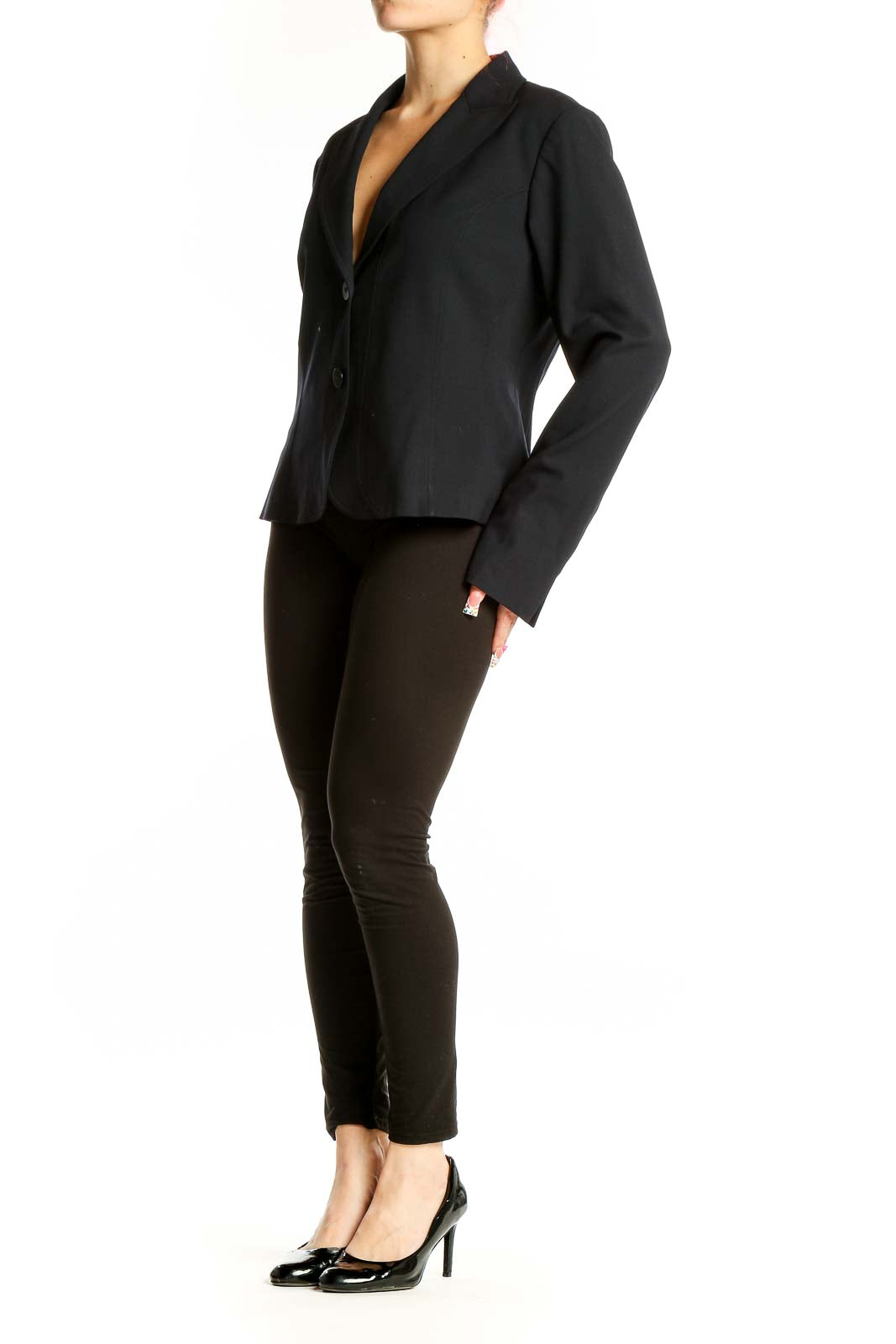 Front view of Lafayette 148 New York black wool blend blazer