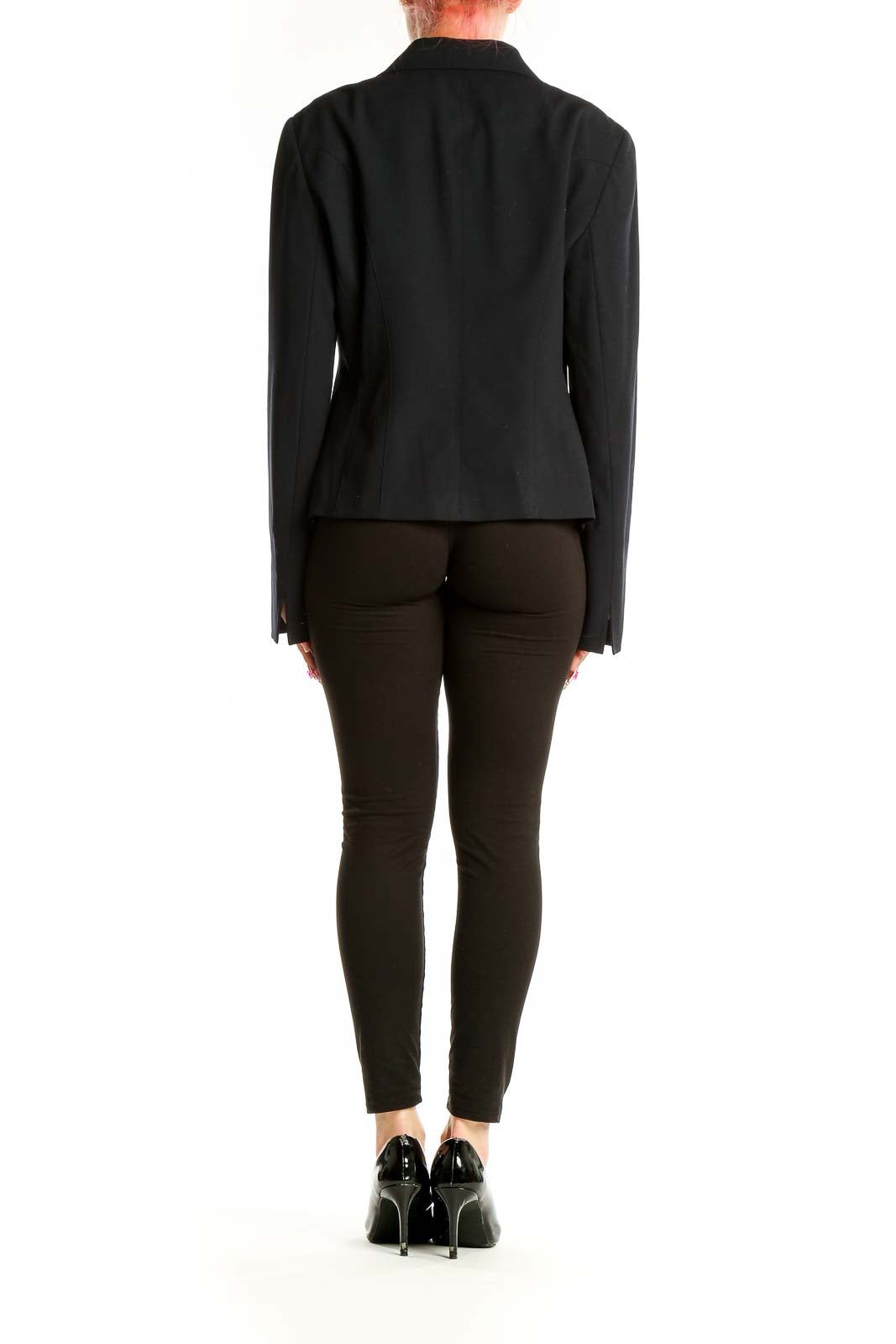 Back view of Lafayette 148 New York black wool blend blazer on model