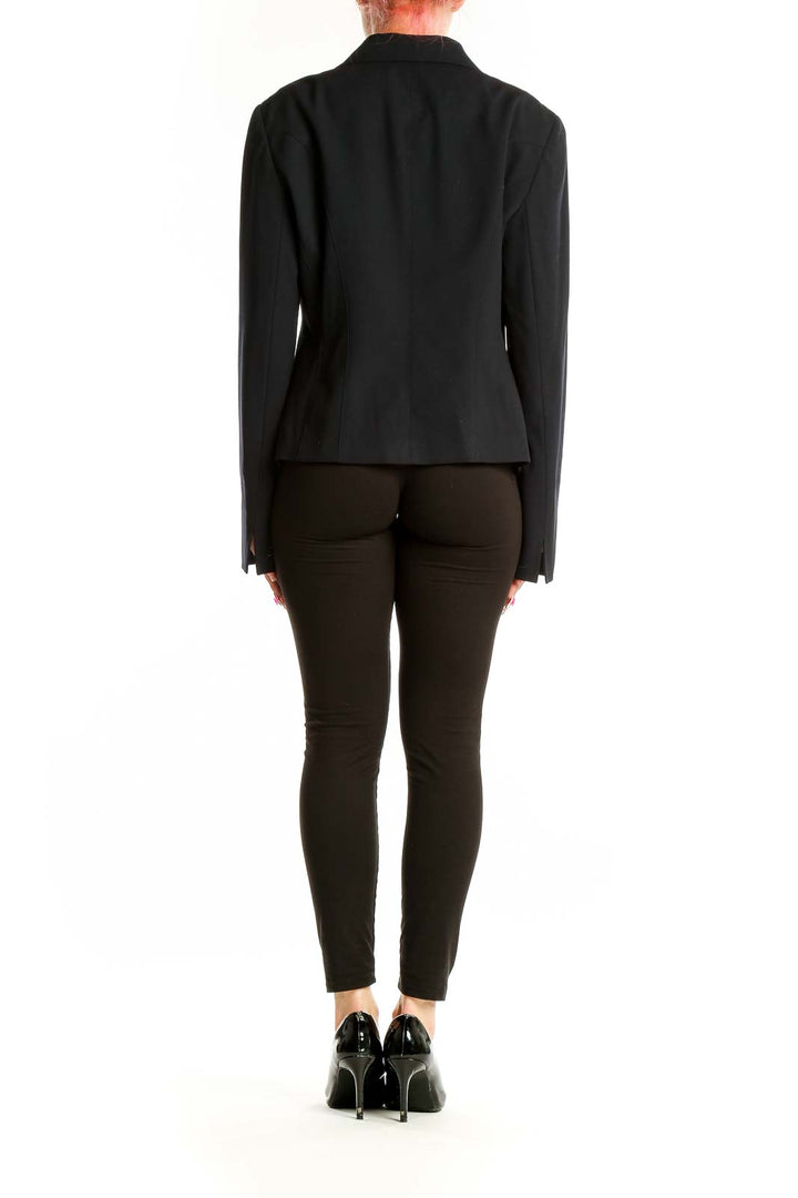 Back view of Lafayette 148 New York black wool blend blazer on model