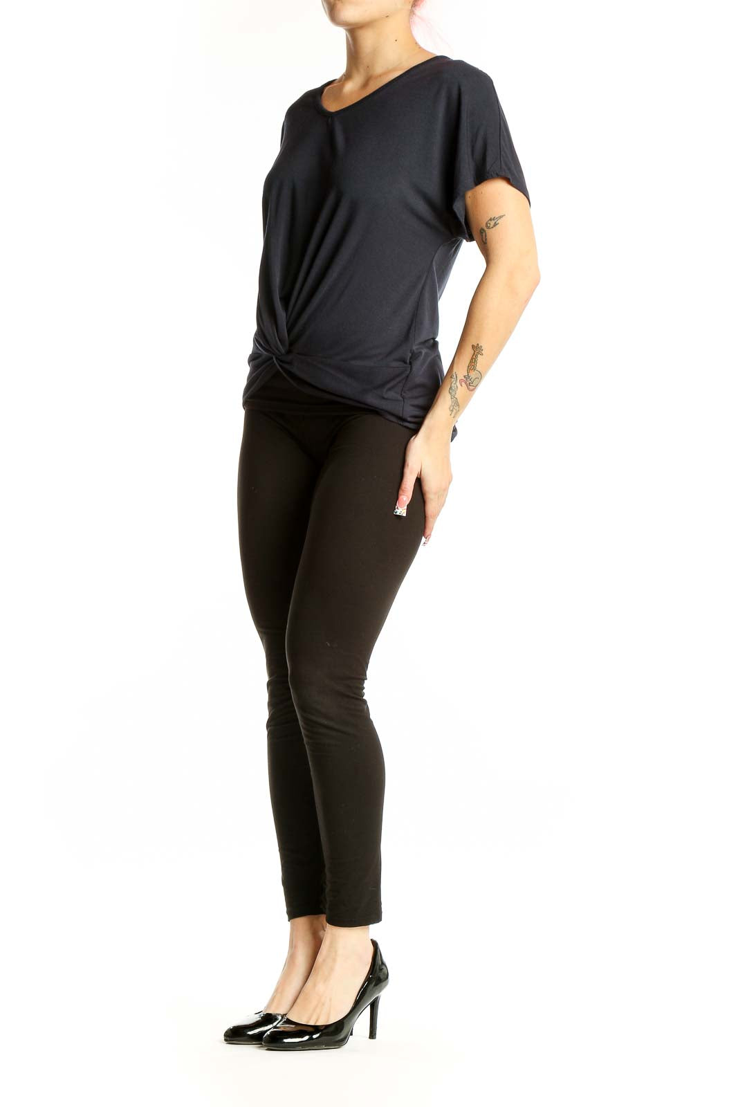 Front view of Elie Tahari black twist-front top with V-neckline