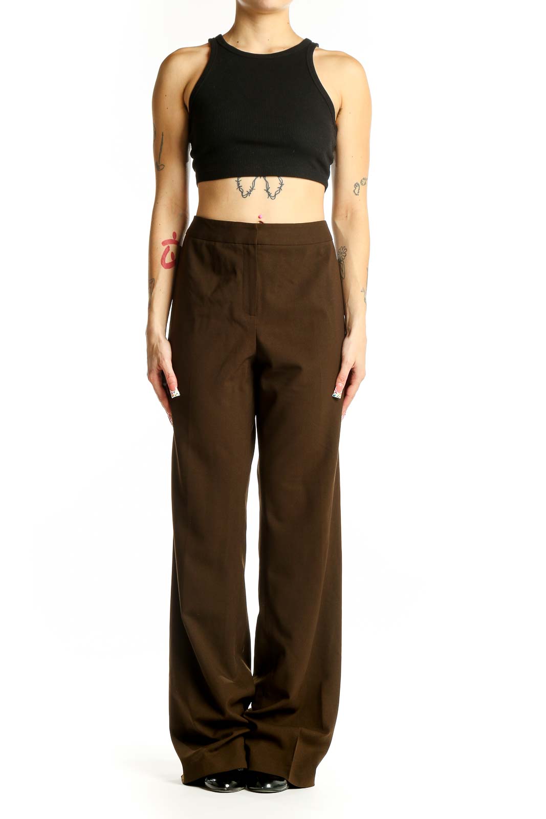 Front view of brown wide-leg trousers by Lafayette 148 New York