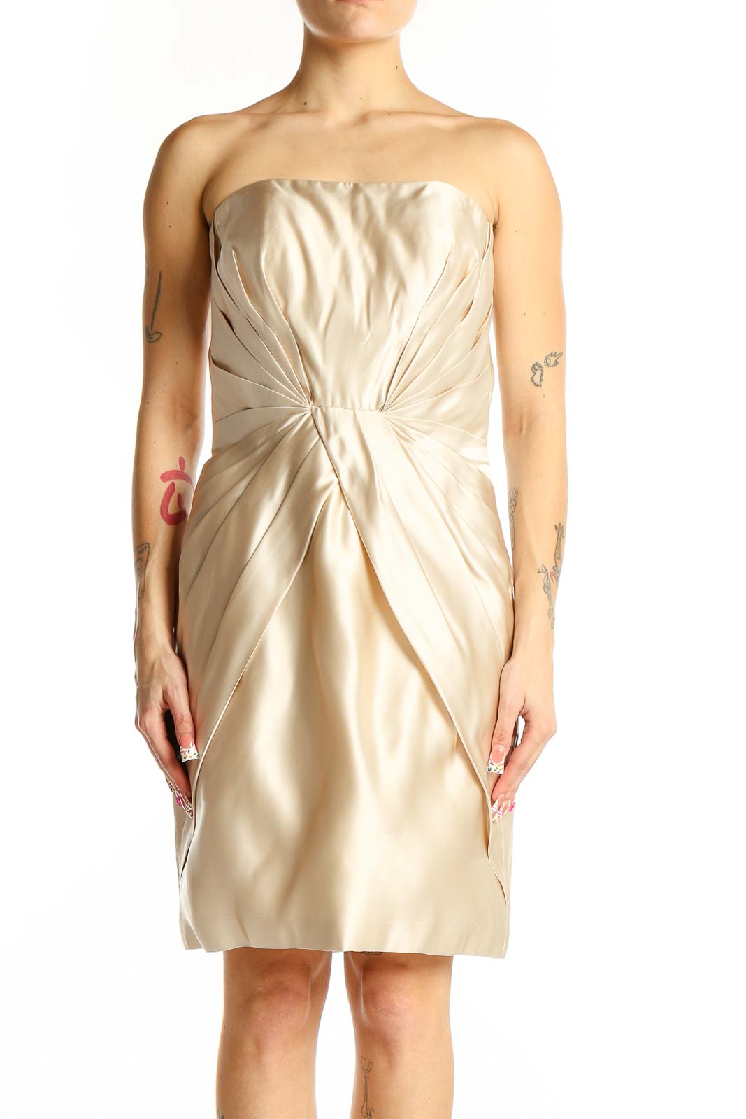 Front view of YSA MAKINO champagne silk strapless cocktail dress with gathered bodice