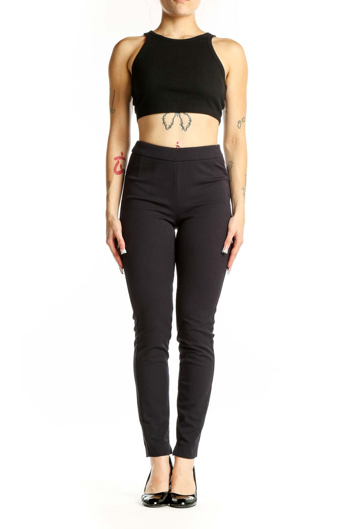 Front view of Reiss black slim fit dress pants