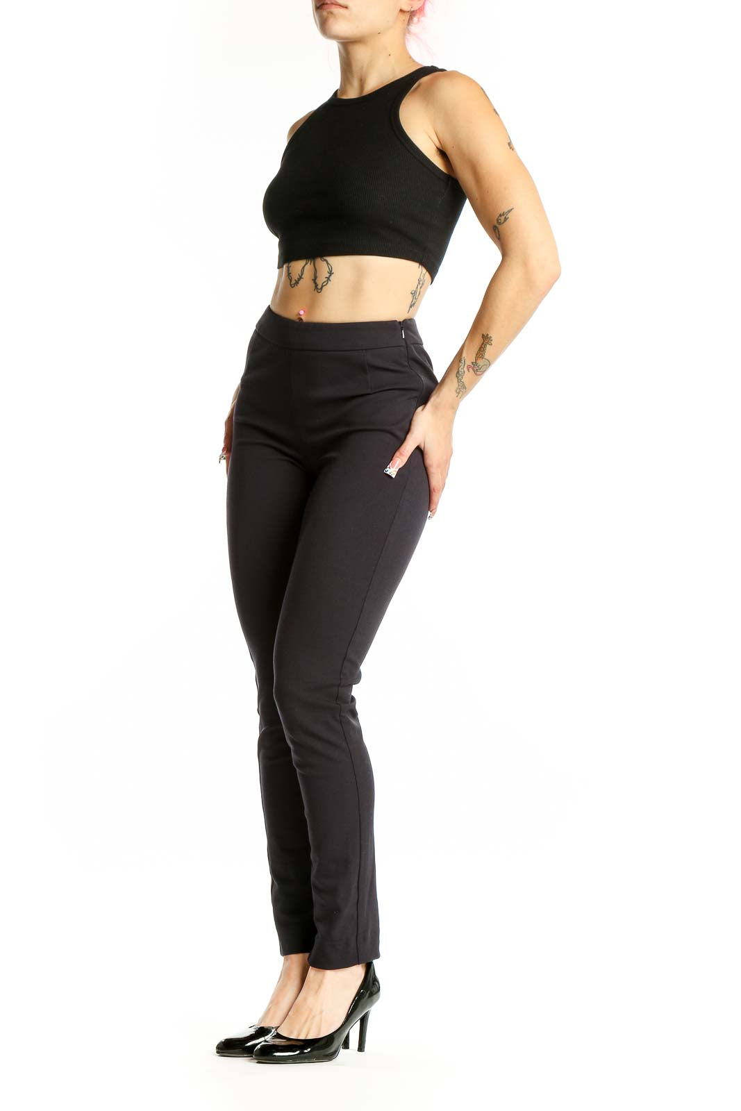 Front view of Reiss black slim fit dress pants