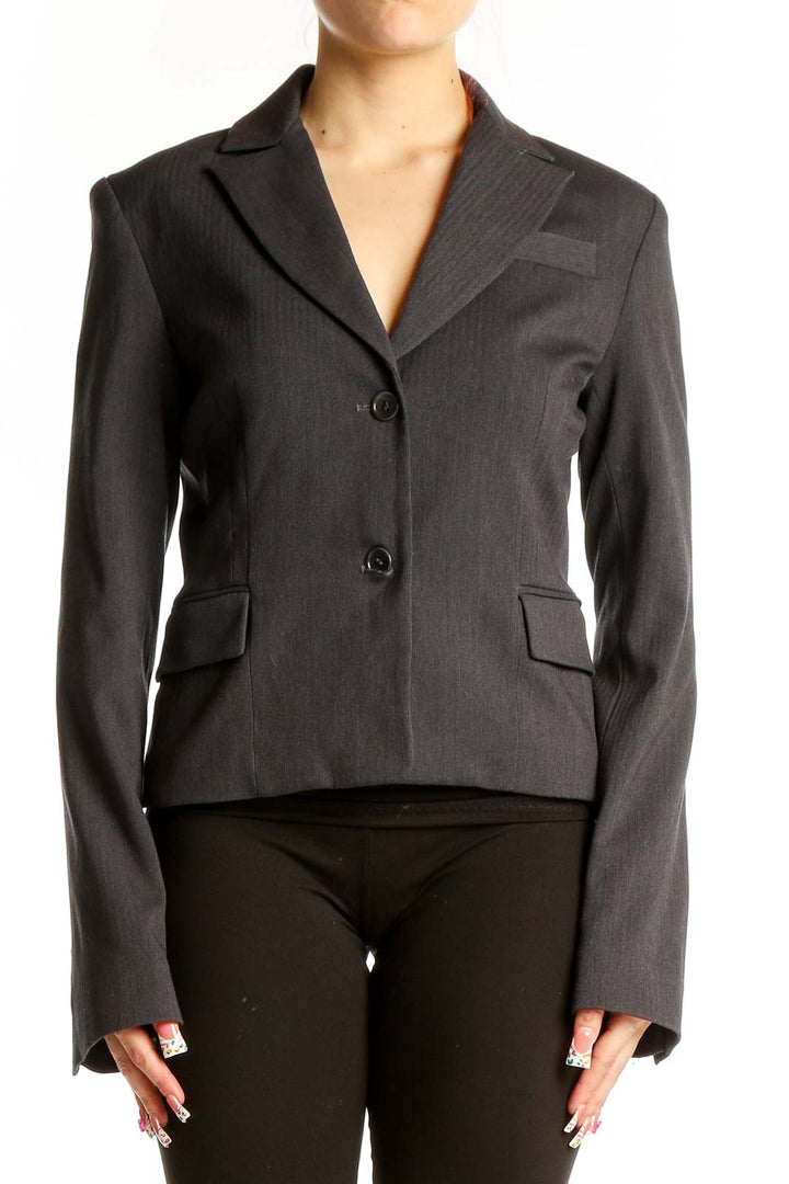 Front view of gray BCBG MaxAzria blazer with notched lapel and button closure