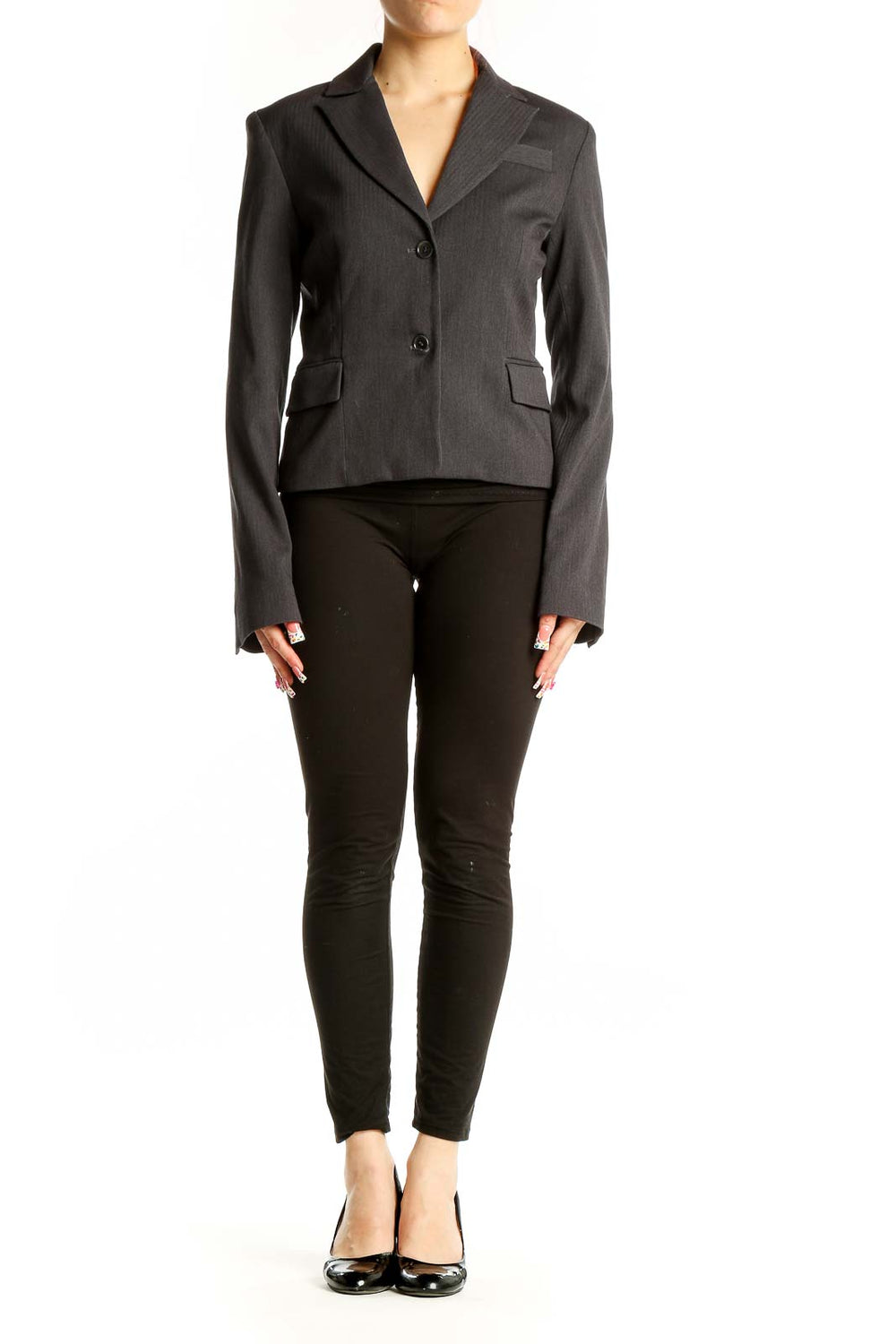 Front view of gray BCBG MaxAzria blazer with notched lapel and button closure