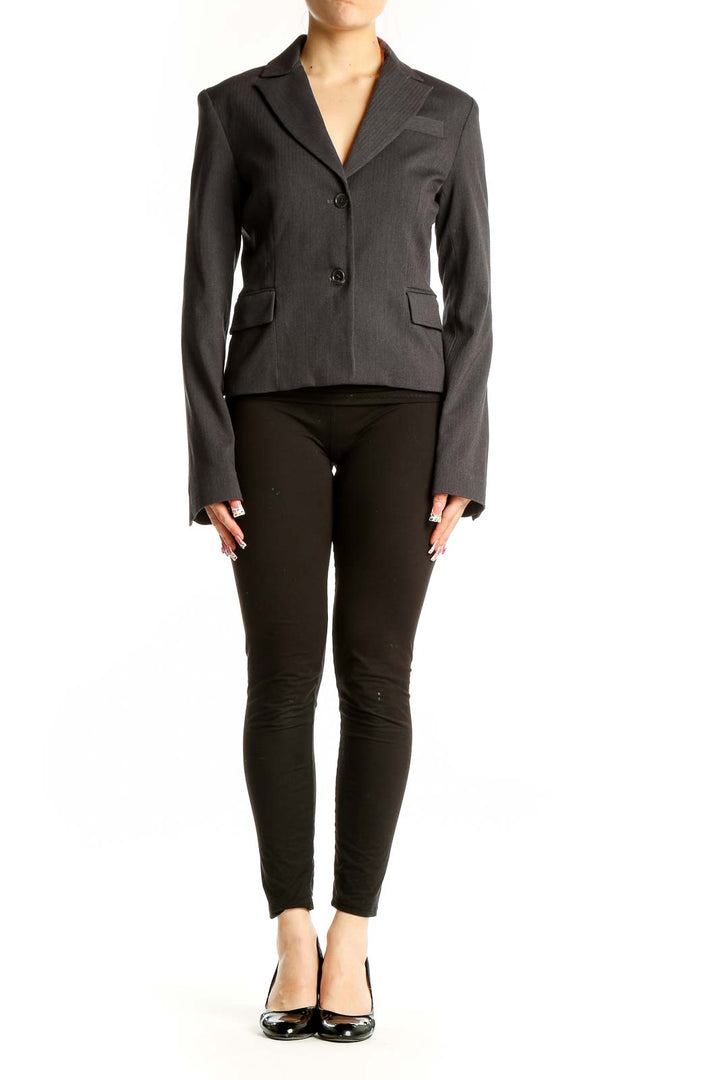 Front view of gray BCBG MaxAzria blazer with notched lapel and button closure