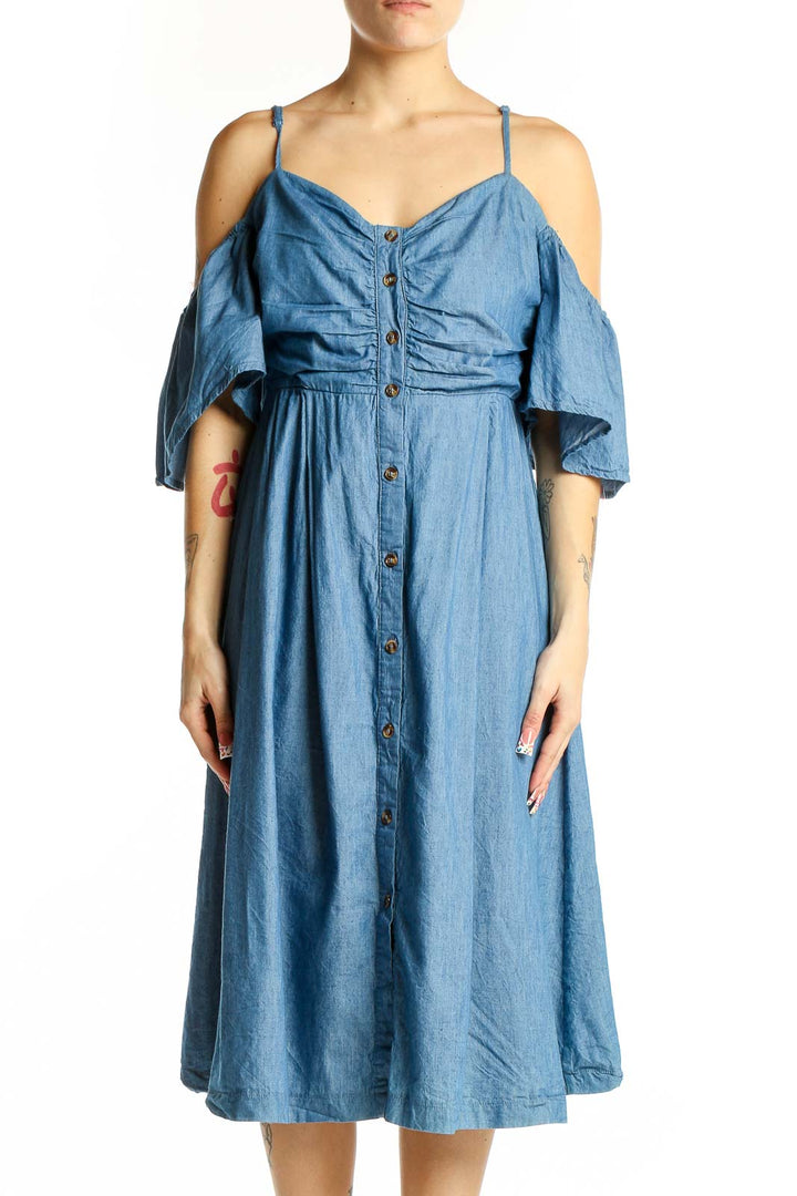 Front view of blue cotton off-shoulder midi dress with button-front closure