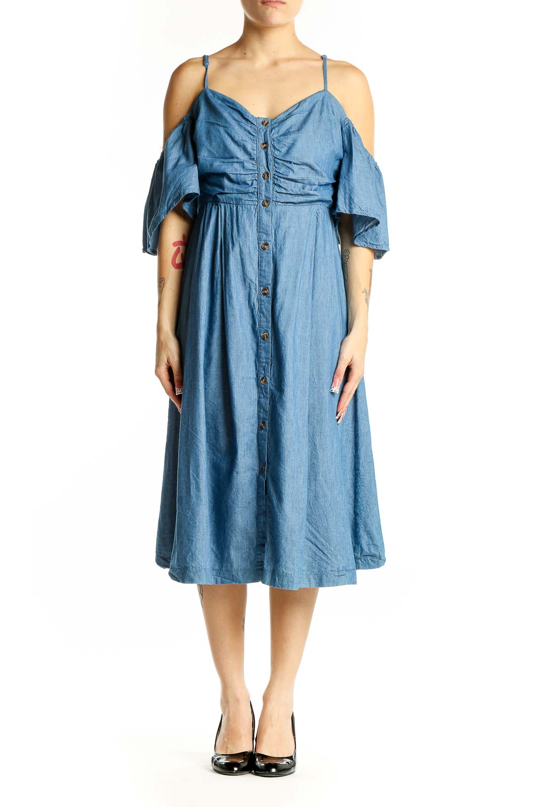 Front view of blue cotton off-shoulder midi dress with button-front closure