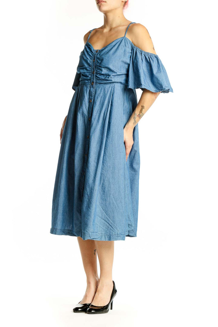 Front view of blue cotton off-shoulder midi dress with button-front closure