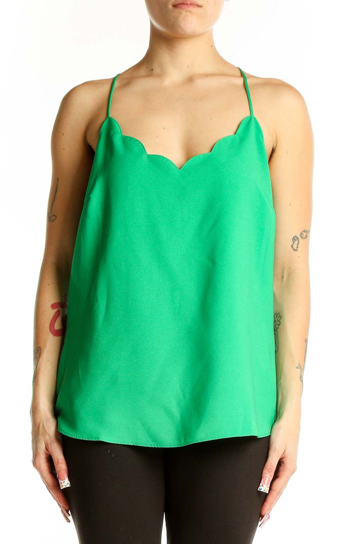 Front view of green J.Crew camisole top with scalloped V-neck