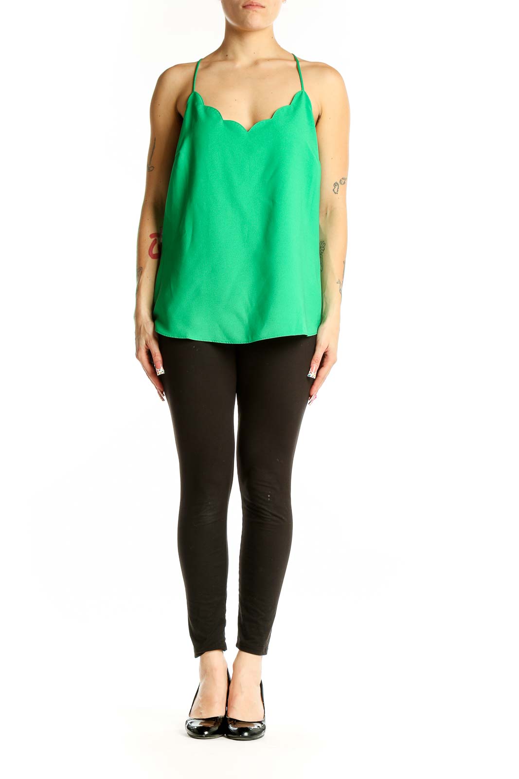 Front view of green J.Crew camisole top with scalloped V-neck