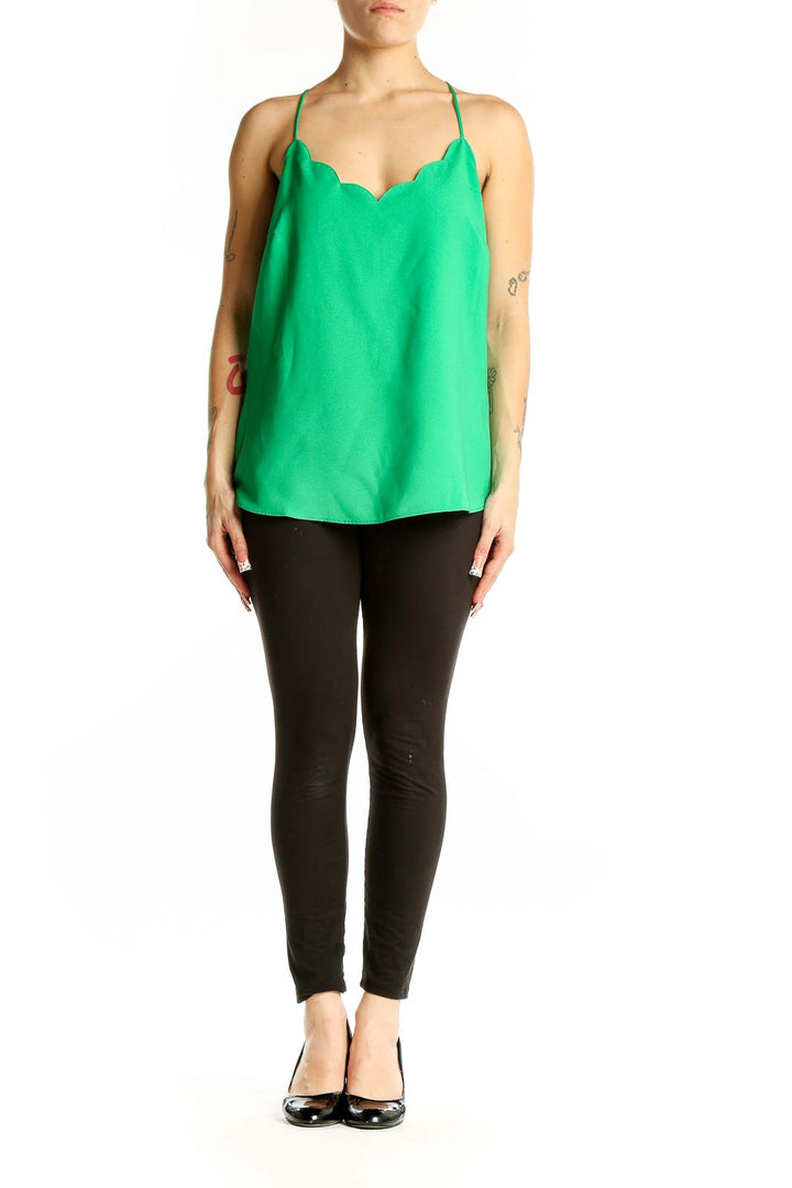Front view of green J.Crew camisole top with scalloped V-neck