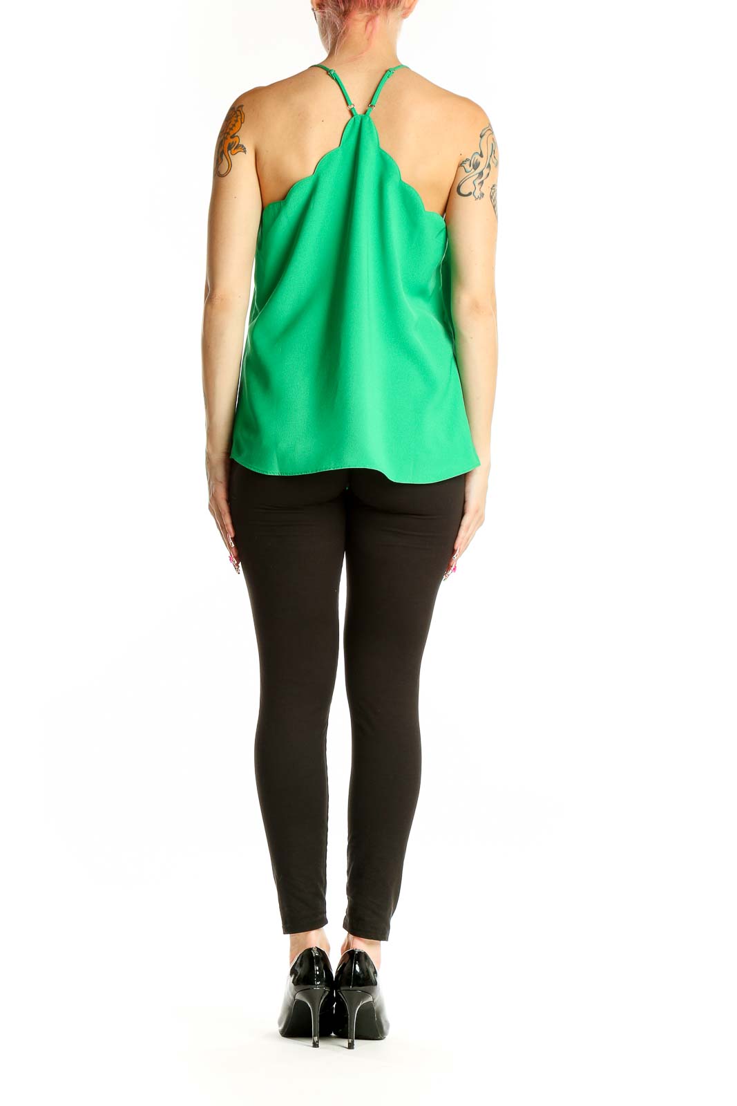 Side view of green J.Crew camisole top on model