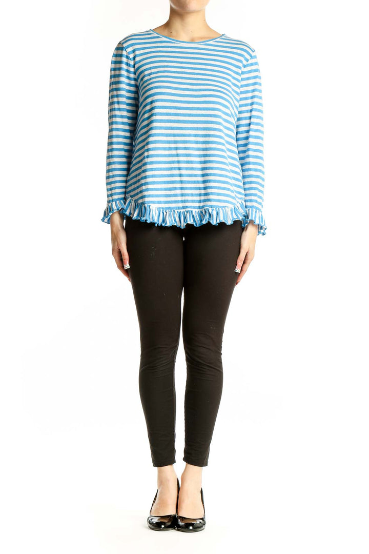 Front view of Boden blue and white striped long-sleeve top with ruffle hem