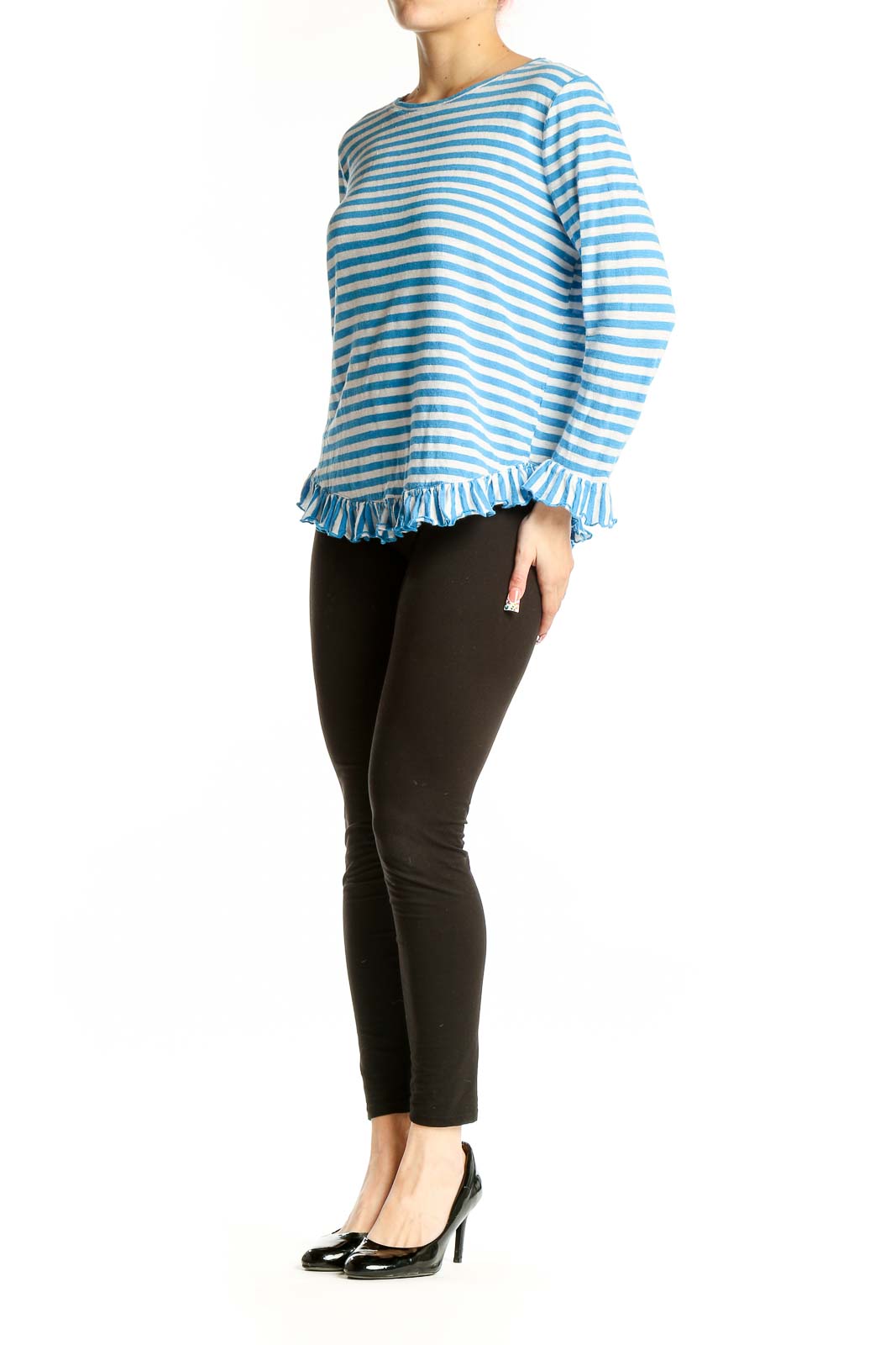 Front view of Boden blue and white striped long-sleeve top with ruffle hem