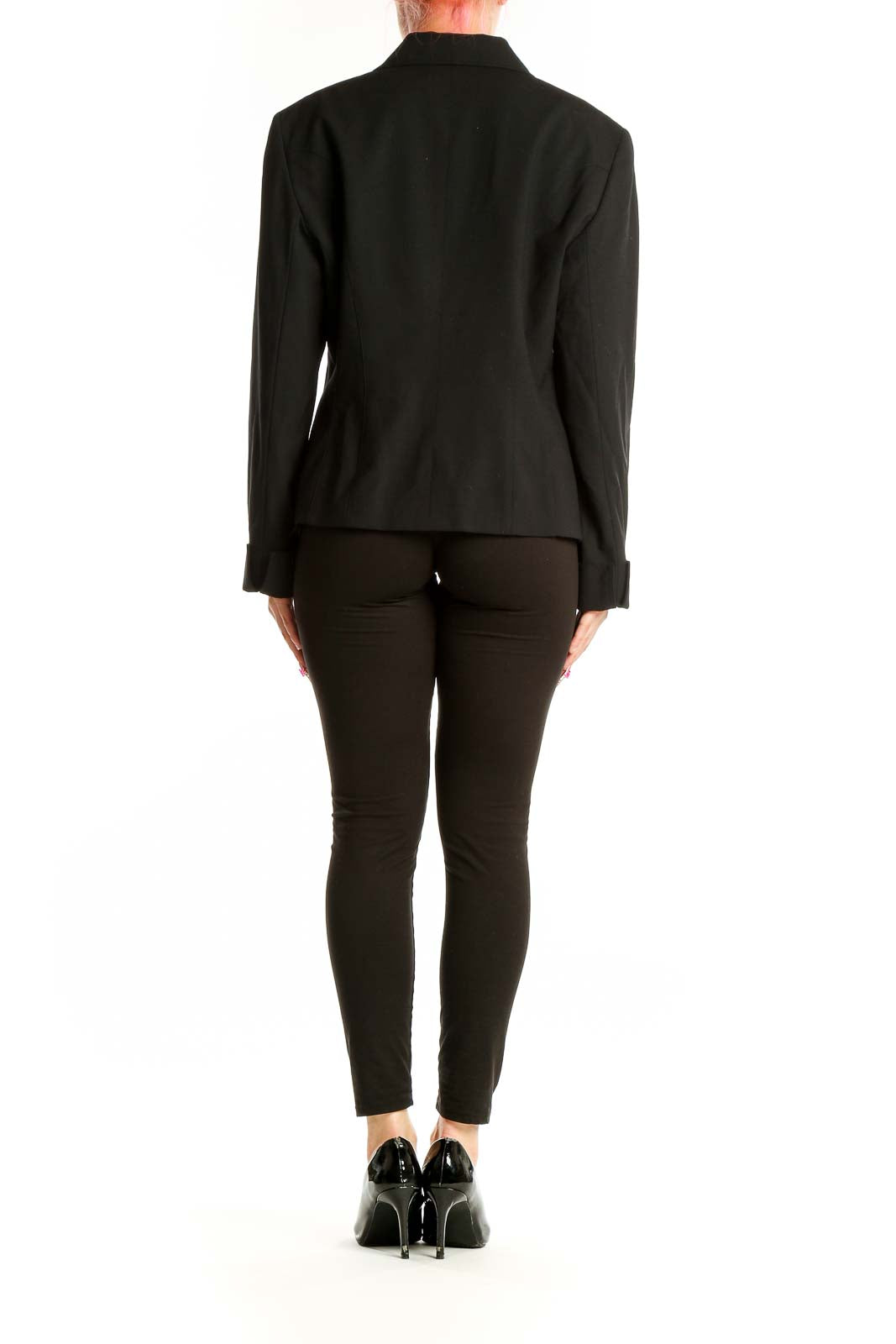 Back view of Lafayette 148 New York black wool blend suit jacket on model