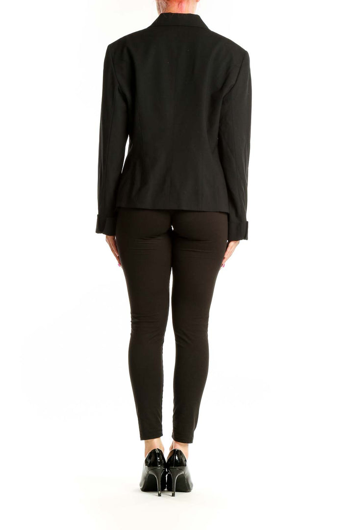 Back view of Lafayette 148 New York black wool blend suit jacket on model