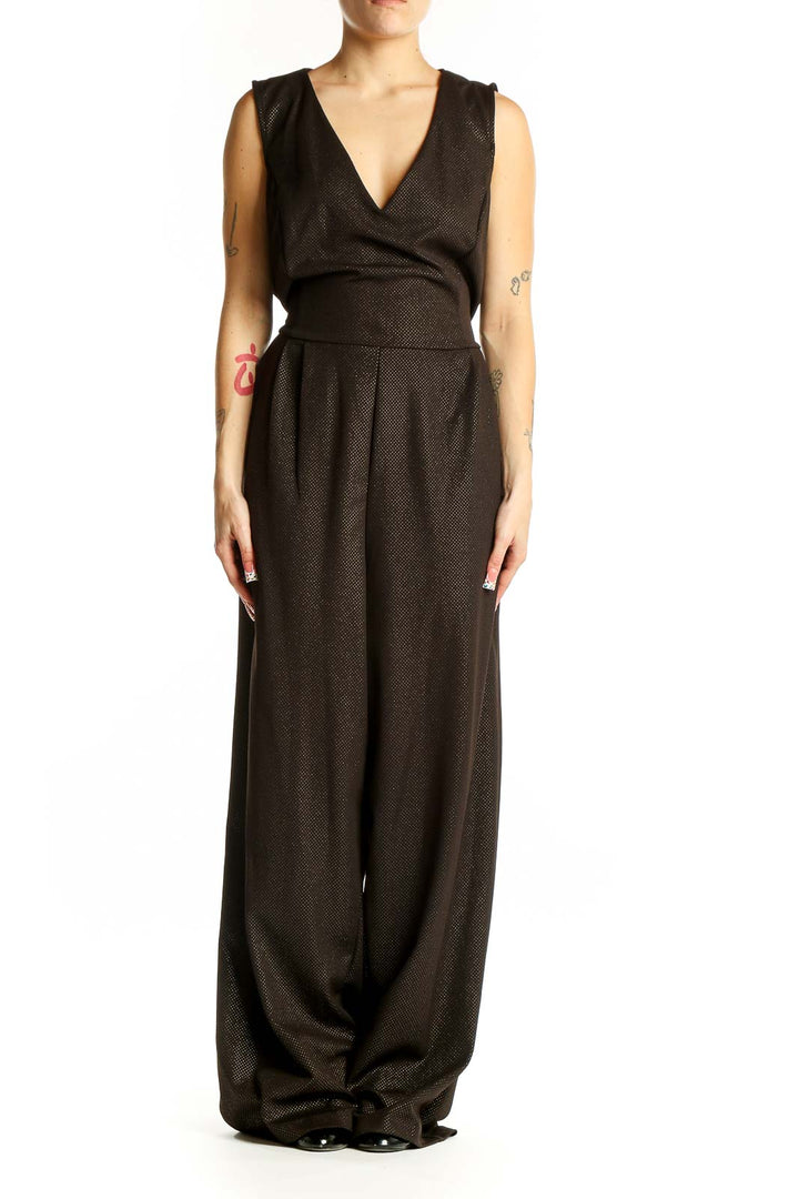 Front view of Emma & Michele black wide-leg jumpsuit with V-neckline