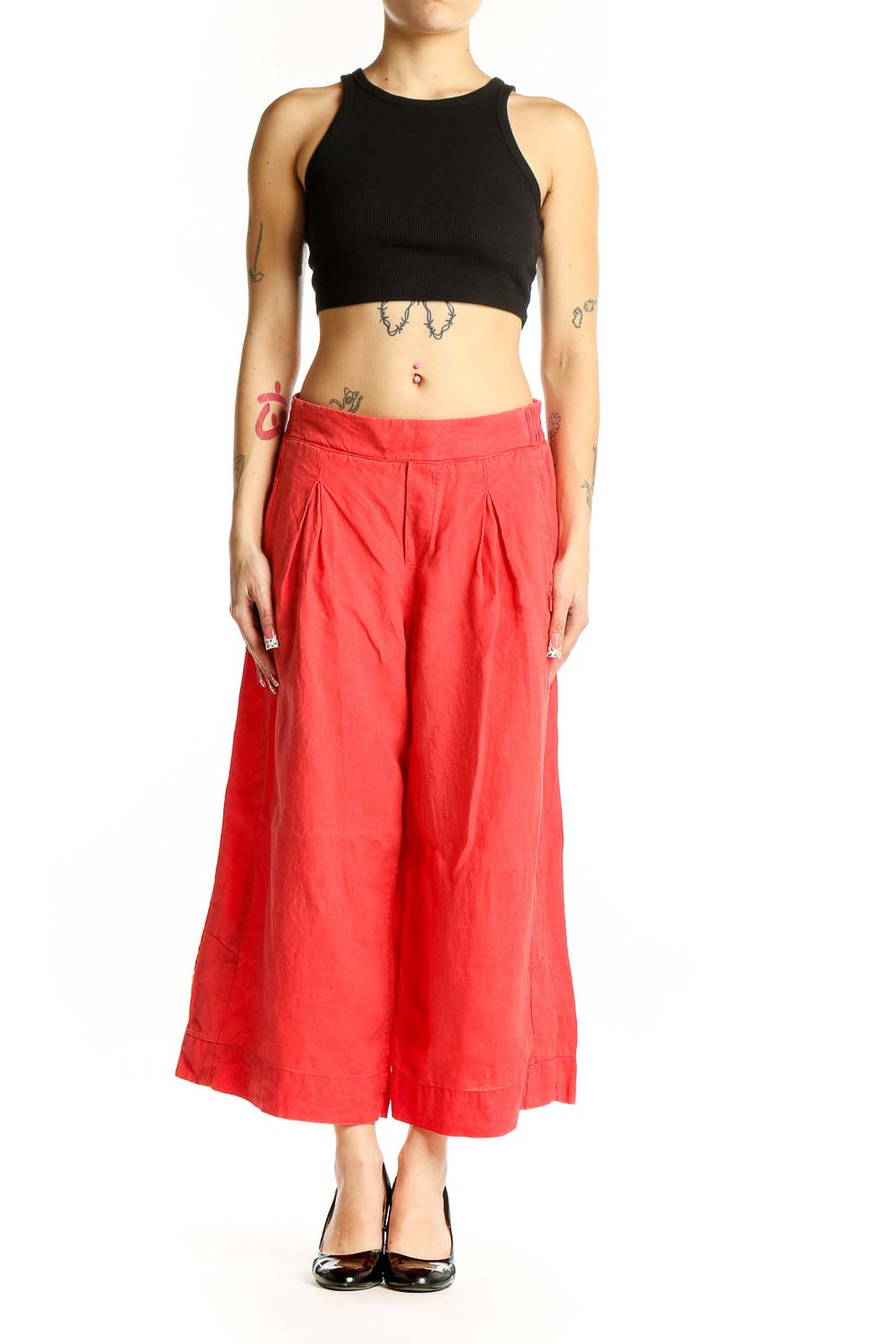 Front view of red linen wide-leg cropped pants from Athleta