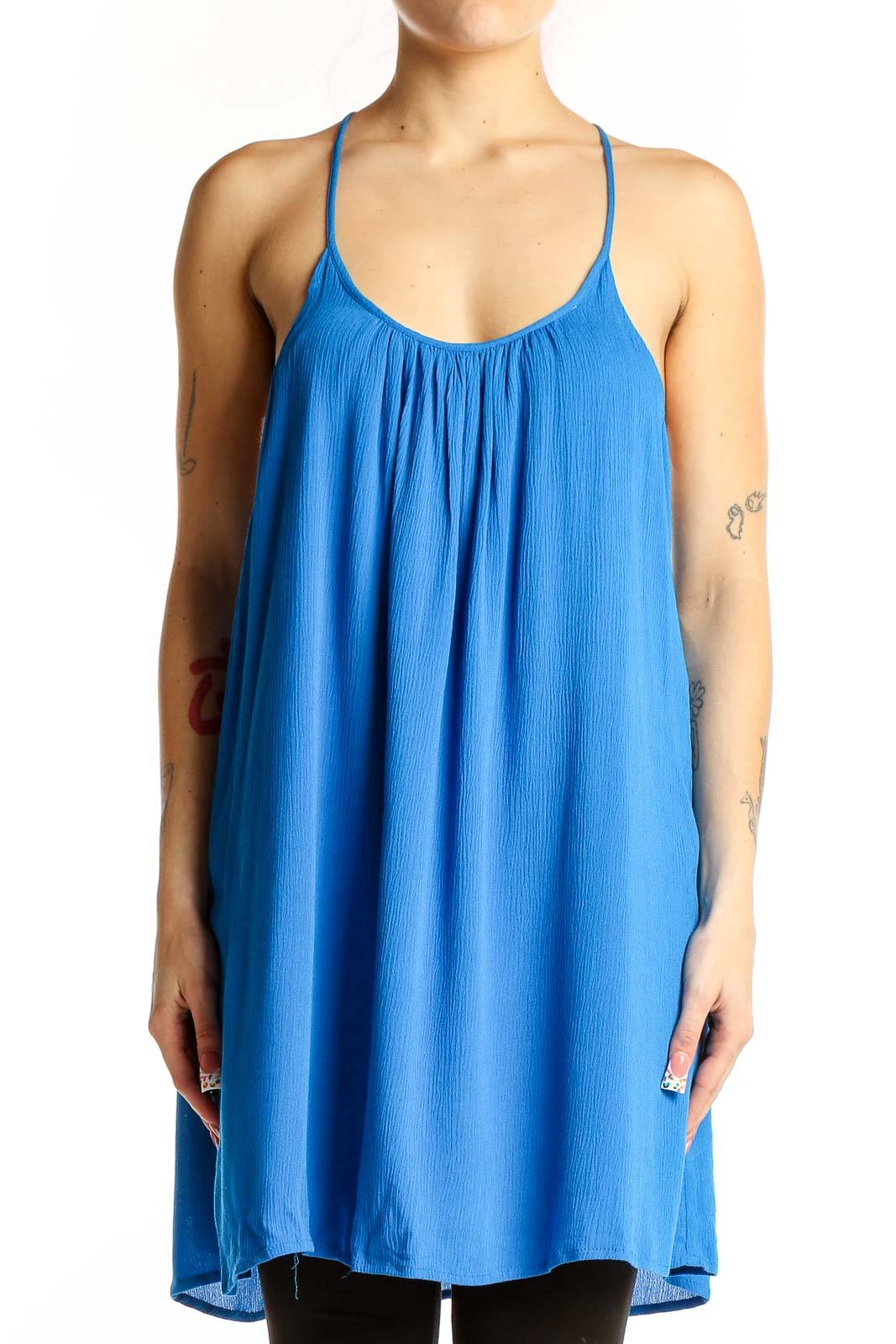Front view of blue flowy rayon cami top from Lulu's