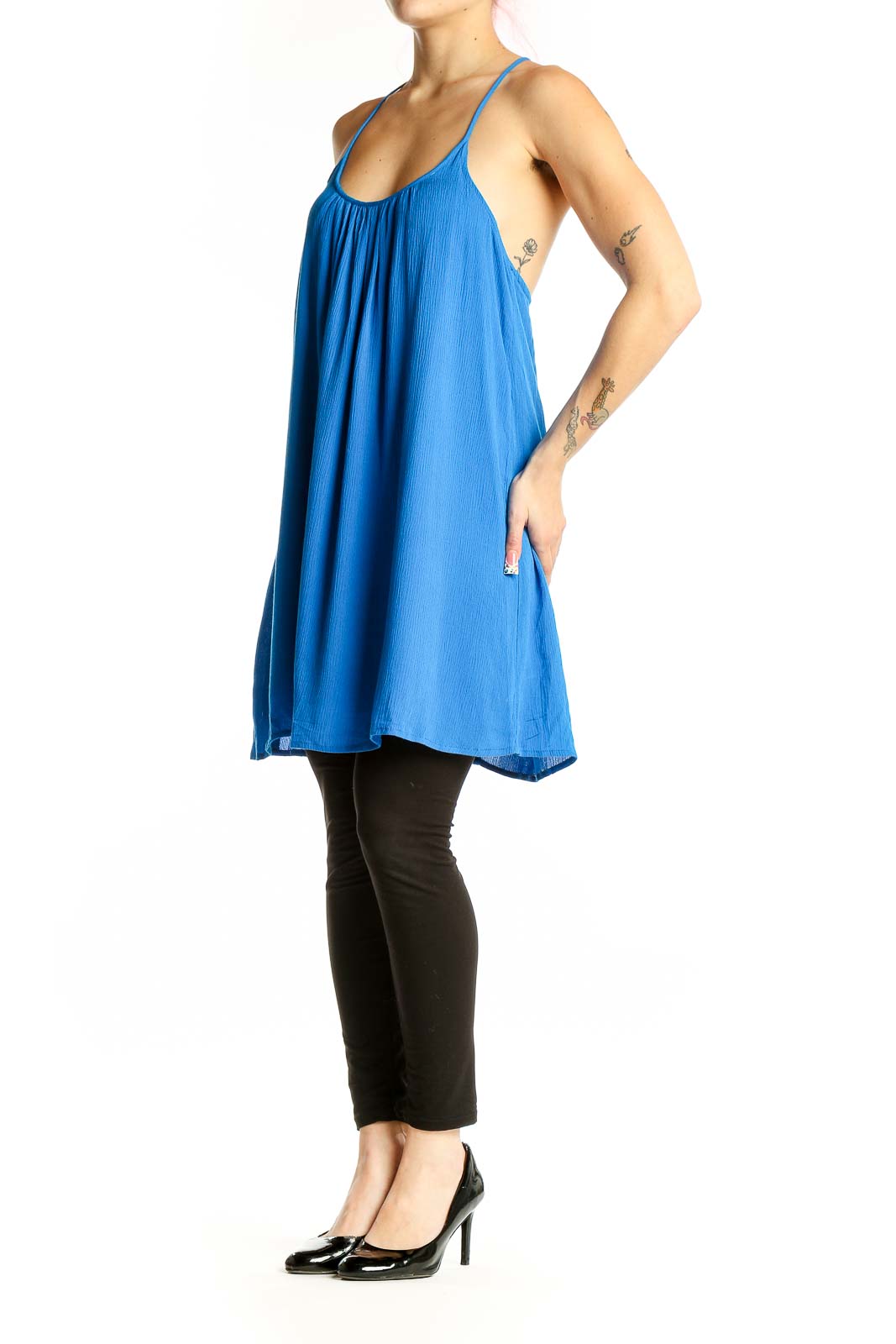 Front view of blue flowy rayon cami top from Lulu's