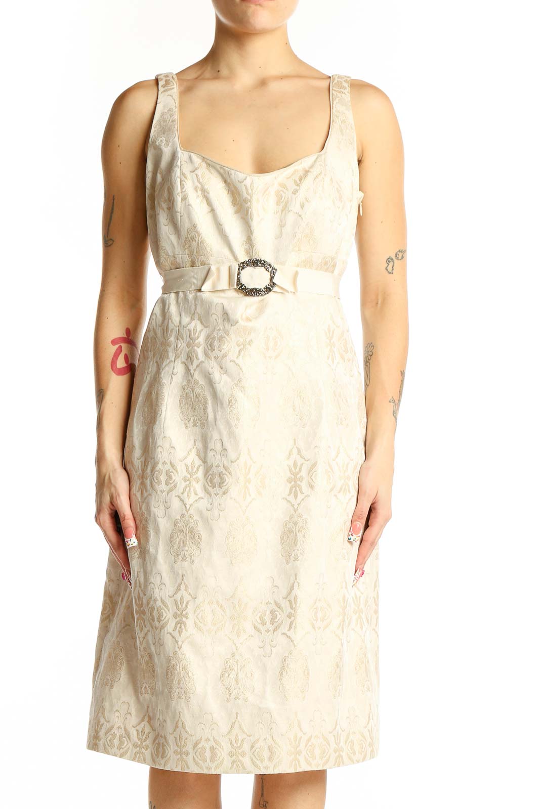 Front view of Tahari cream floral jacquard belted midi dress