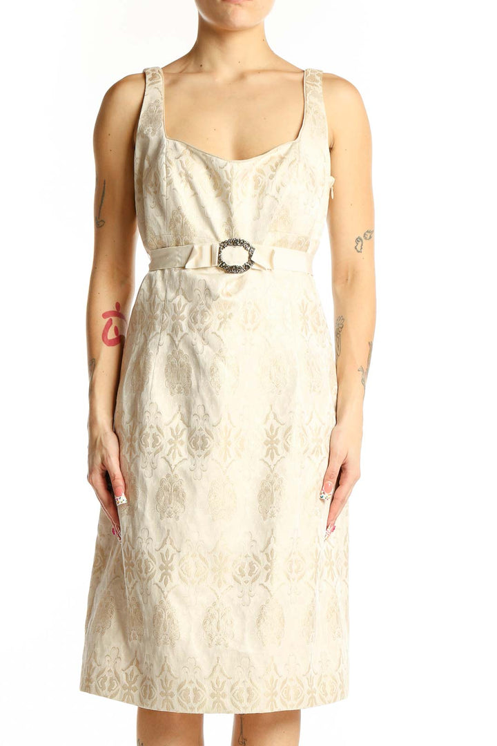 Front view of Tahari cream floral jacquard belted midi dress