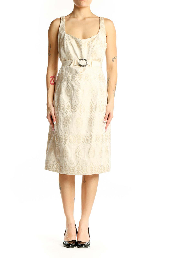 Front view of Tahari cream floral jacquard belted midi dress