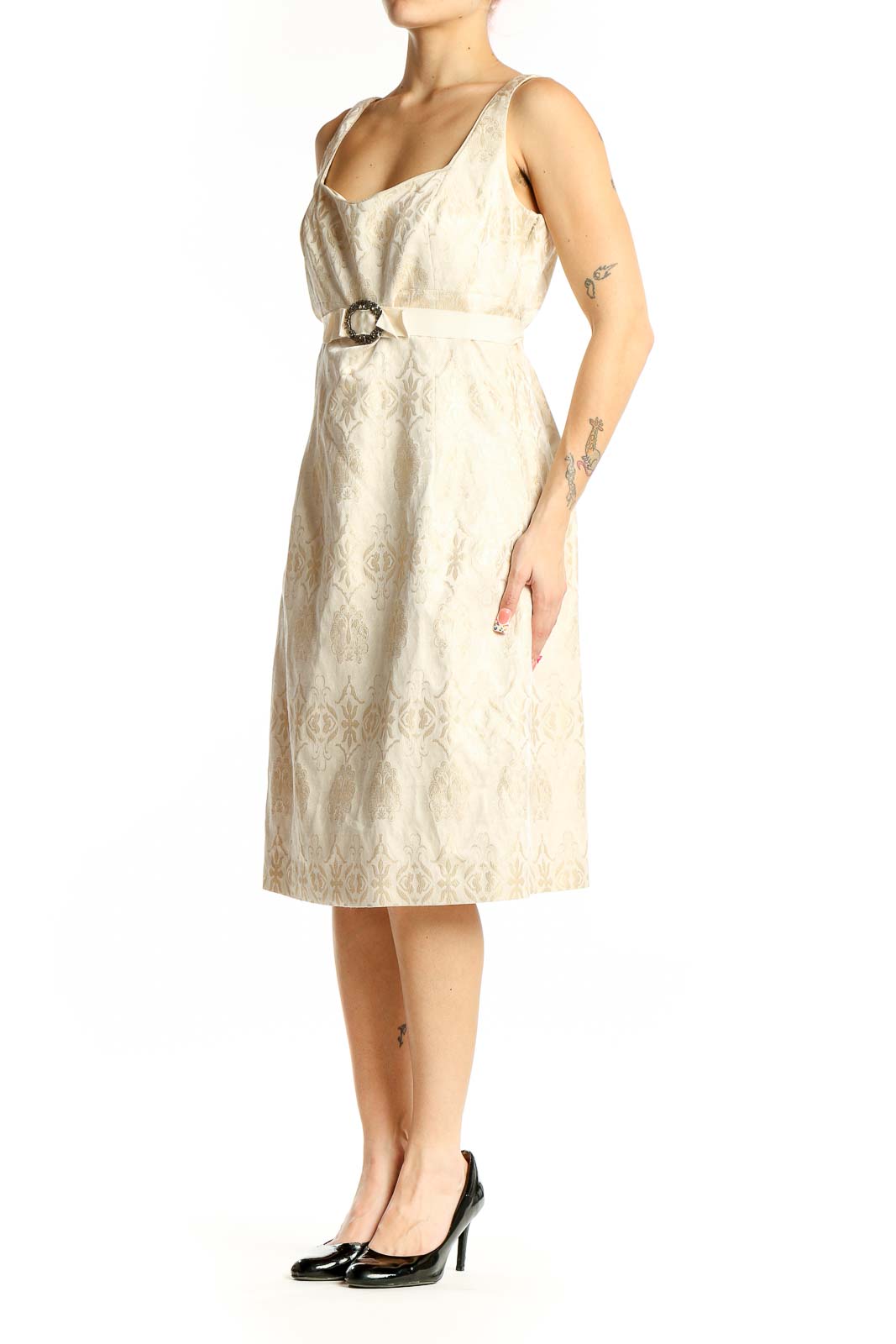 Front view of Tahari cream floral jacquard belted midi dress