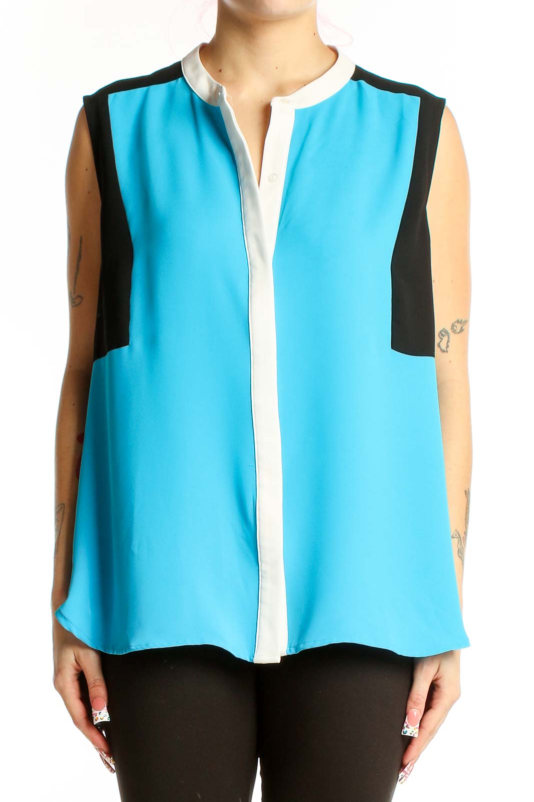 Front view of Nine West turquoise color-block sleeveless blouse with white placket
