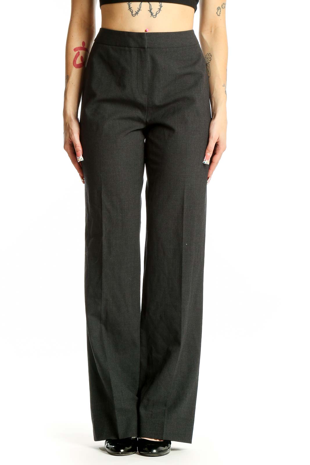 Front view of charcoal gray wide-leg trousers by Lafayette 148 New York