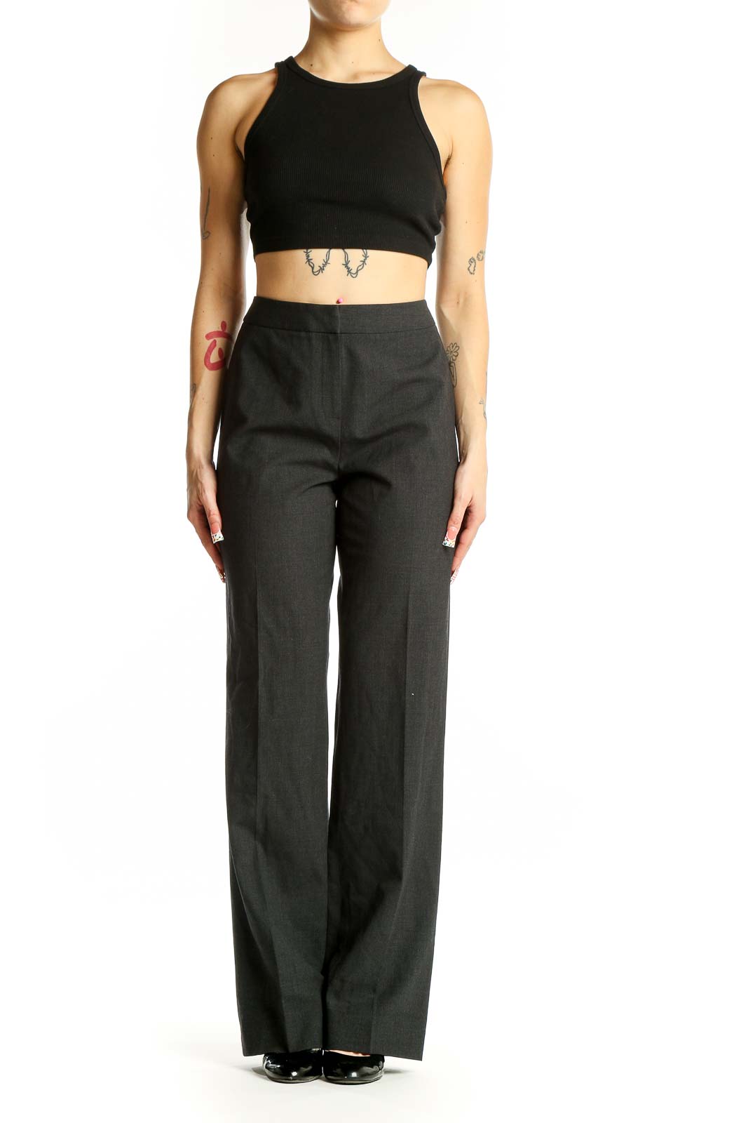 Front view of charcoal gray wide-leg trousers by Lafayette 148 New York