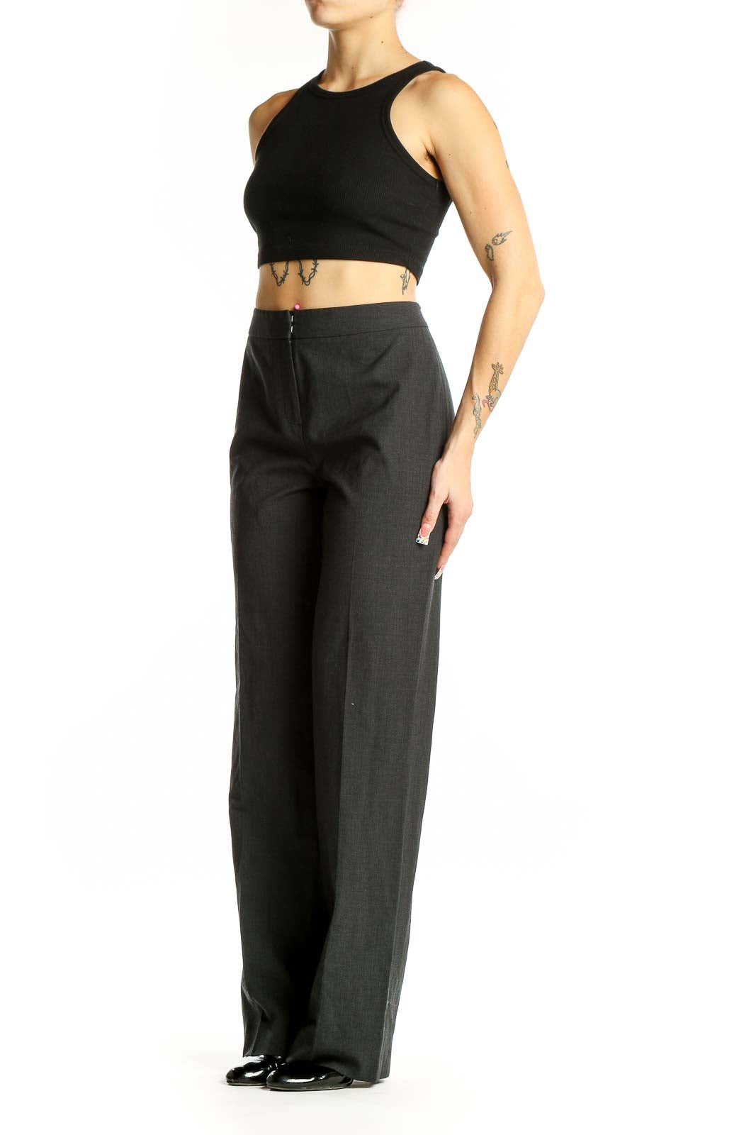 Front view of charcoal gray wide-leg trousers by Lafayette 148 New York