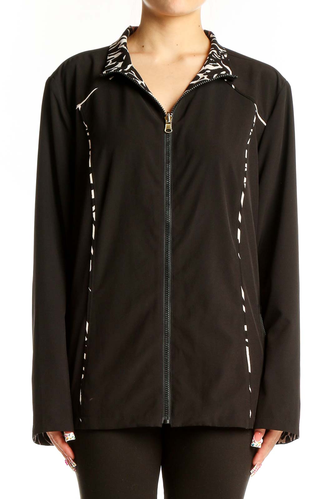 Front view of black SilkRoll athletic jacket with white accents and zip-up design