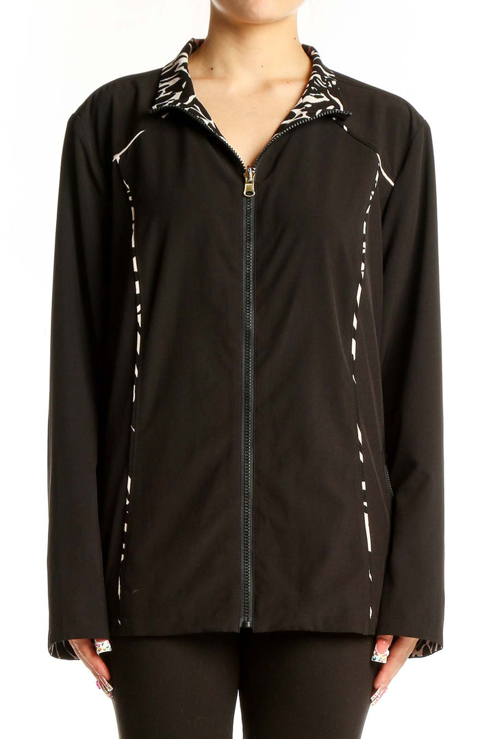 Front view of black SilkRoll athletic jacket with white accents and zip-up design