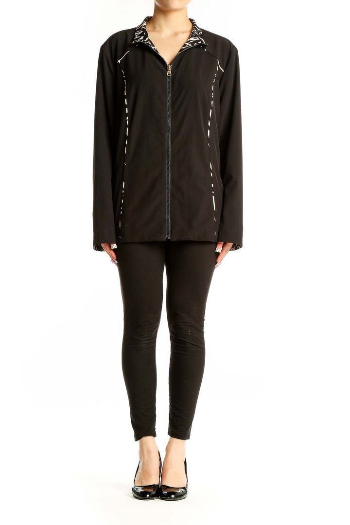 Front view of black SilkRoll athletic jacket with white accents and zip-up design