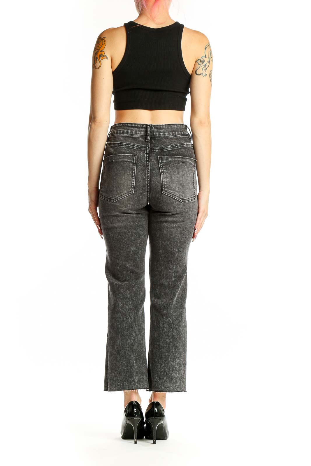 Back view of OAT NEW YORK charcoal gray straight leg jeans on model