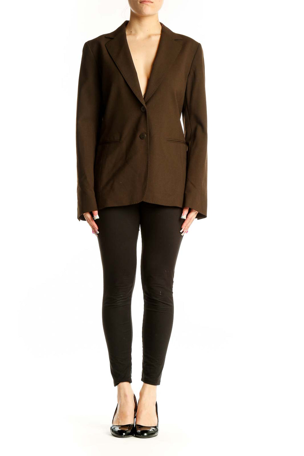 Front view of Lafayette 148 New York brown wool blend blazer
