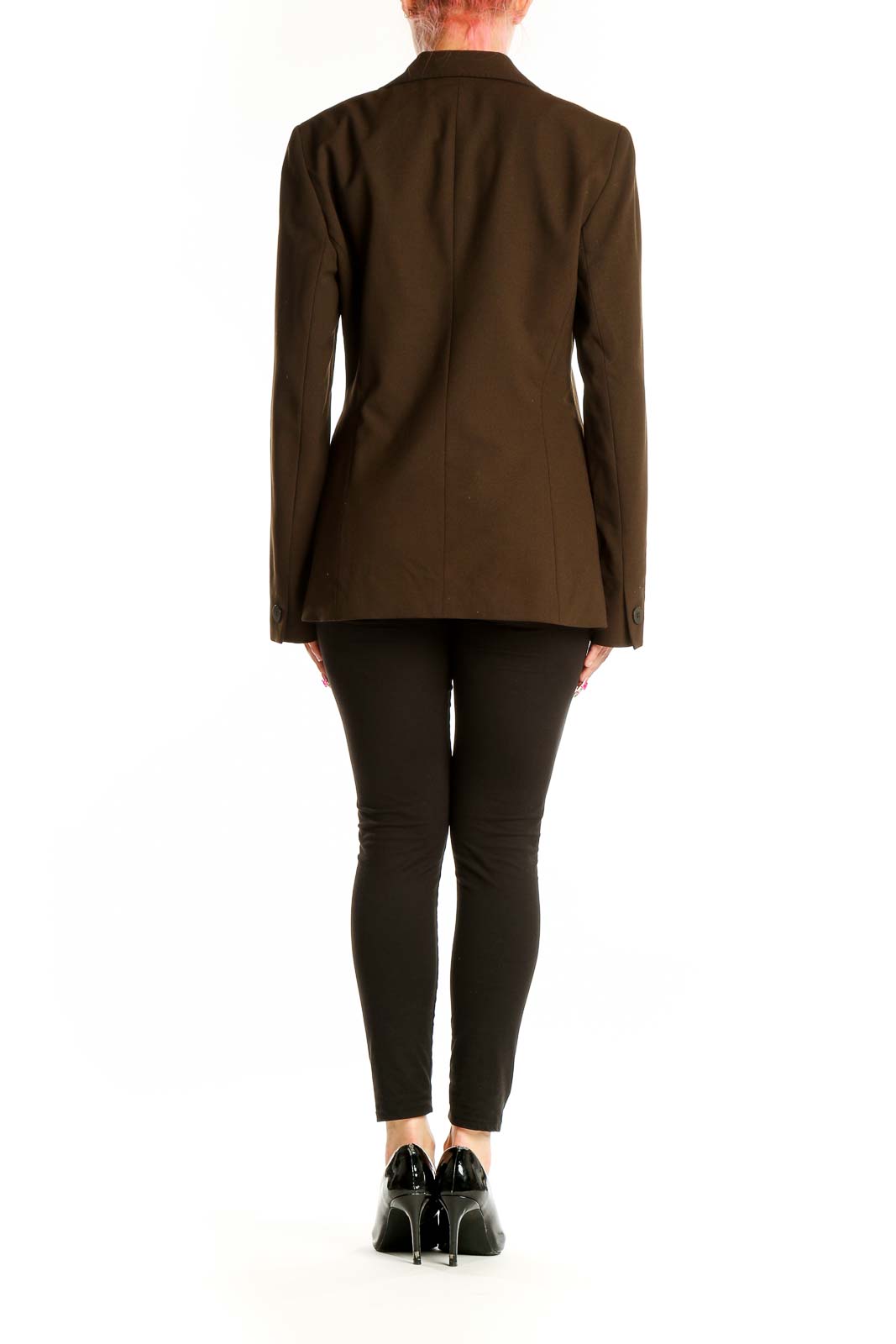 Side view of model wearing Lafayette 148 New York brown wool blend blazer