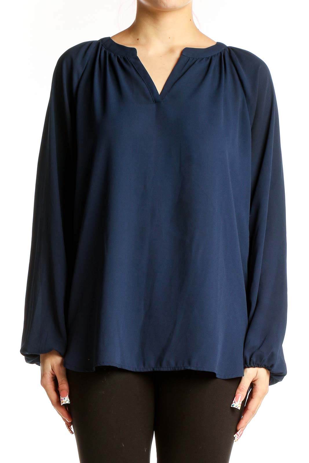 Front view of navy Pleione V-neck long sleeve blouse
