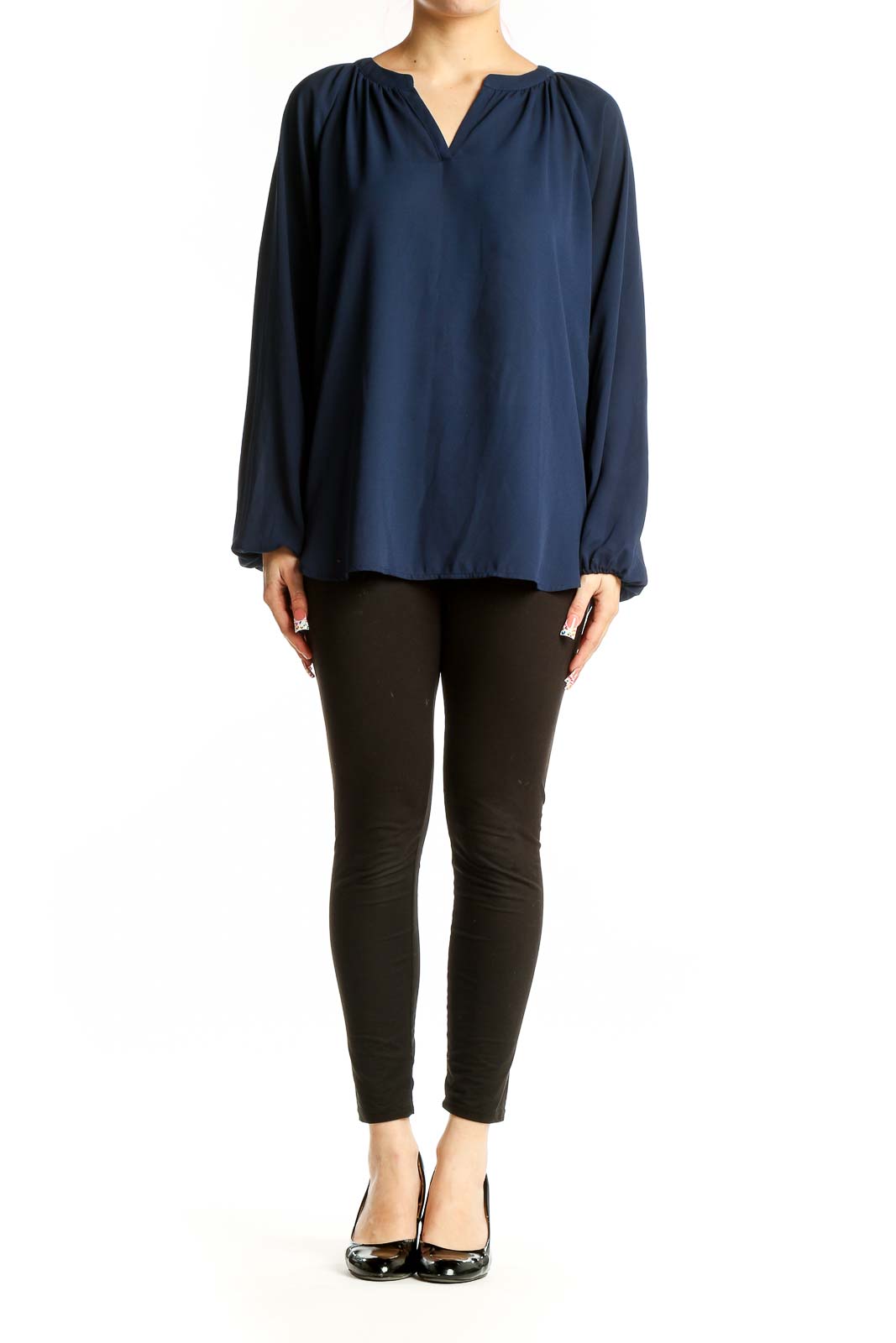 Front view of navy Pleione V-neck long sleeve blouse