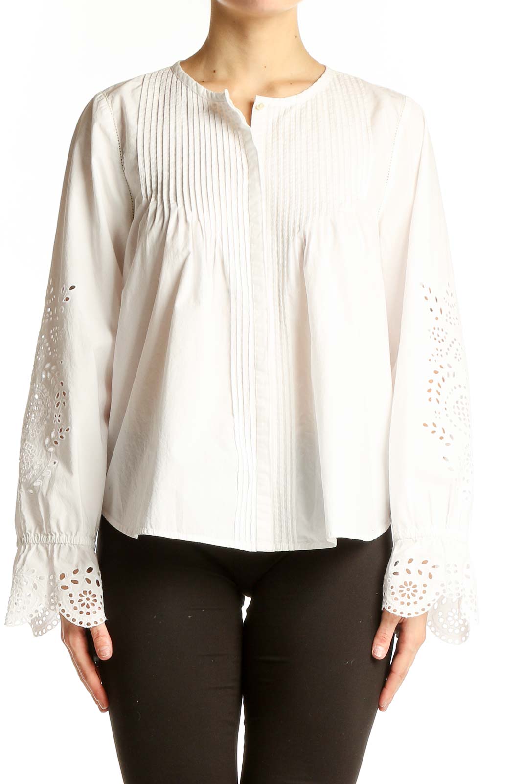 Front view of white Joie cotton blouse with pintuck detailing