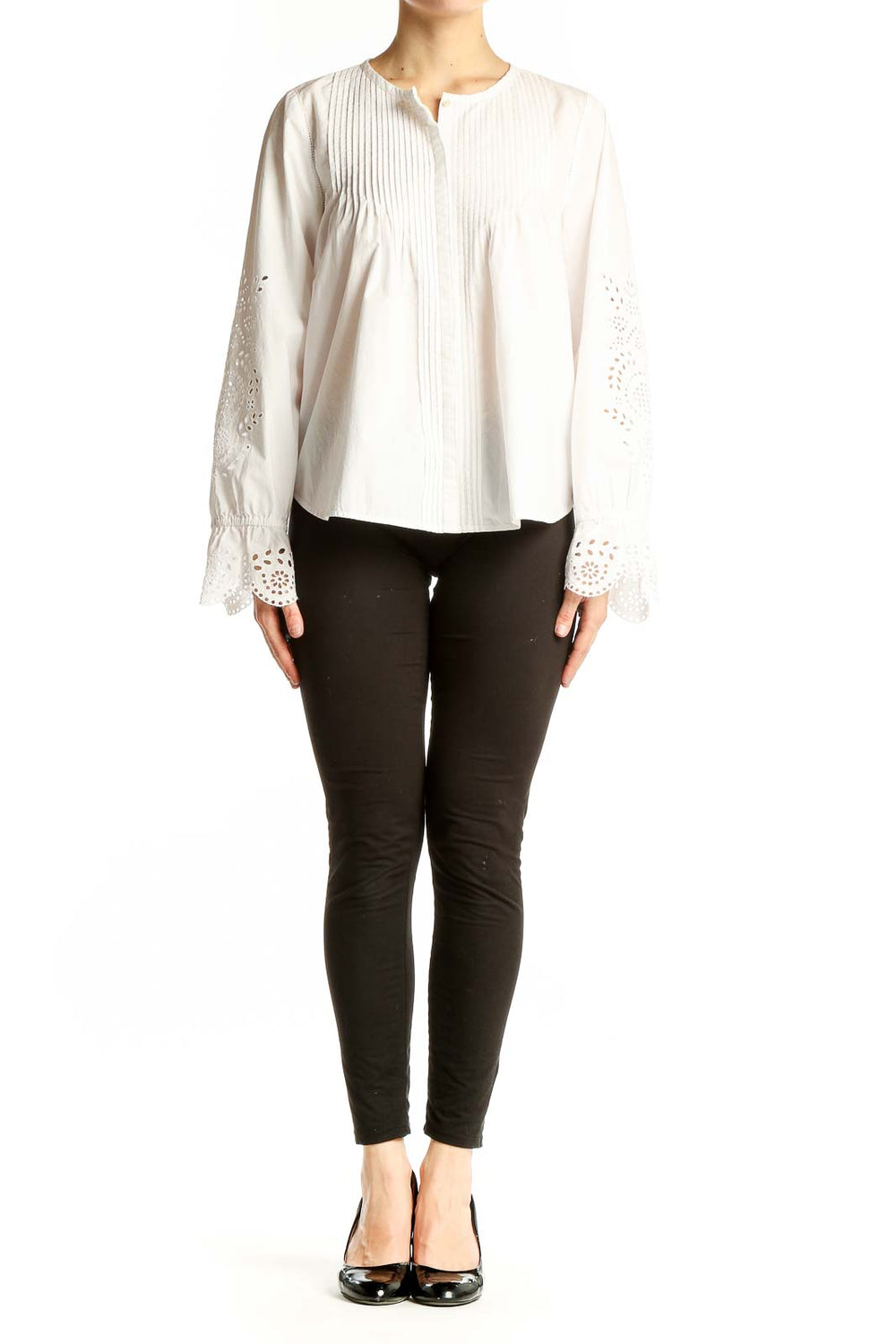 Front view of white Joie cotton blouse with pintuck detailing