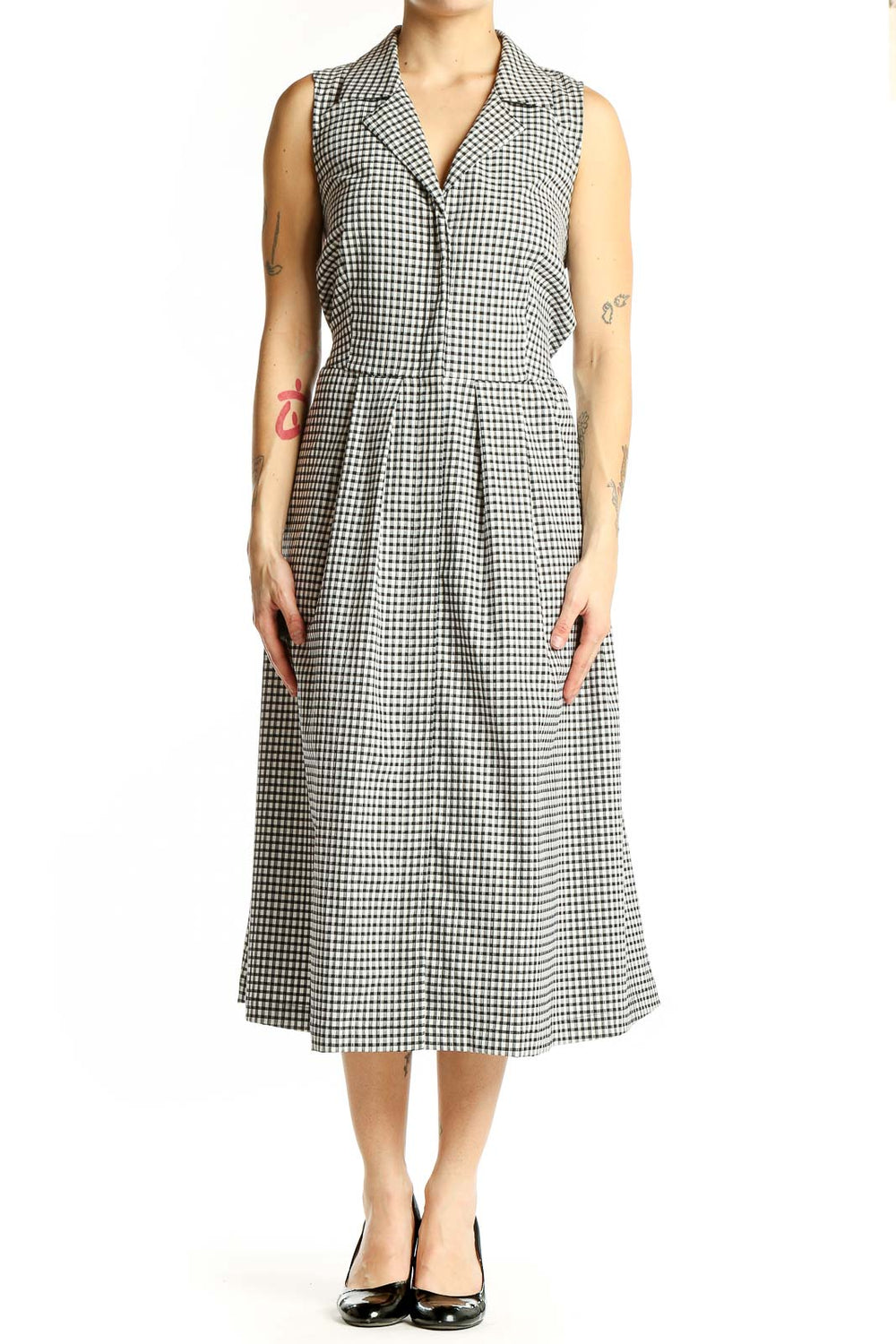 Front view of Donna Karan New York black and white gingham sleeveless midi dress