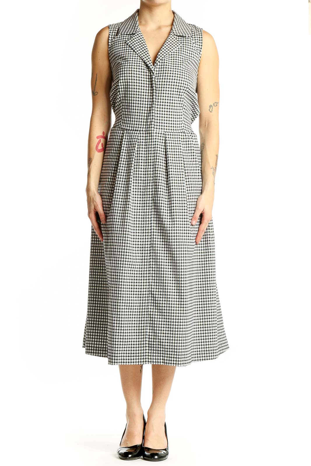 Front view of Donna Karan New York black and white gingham sleeveless midi dress