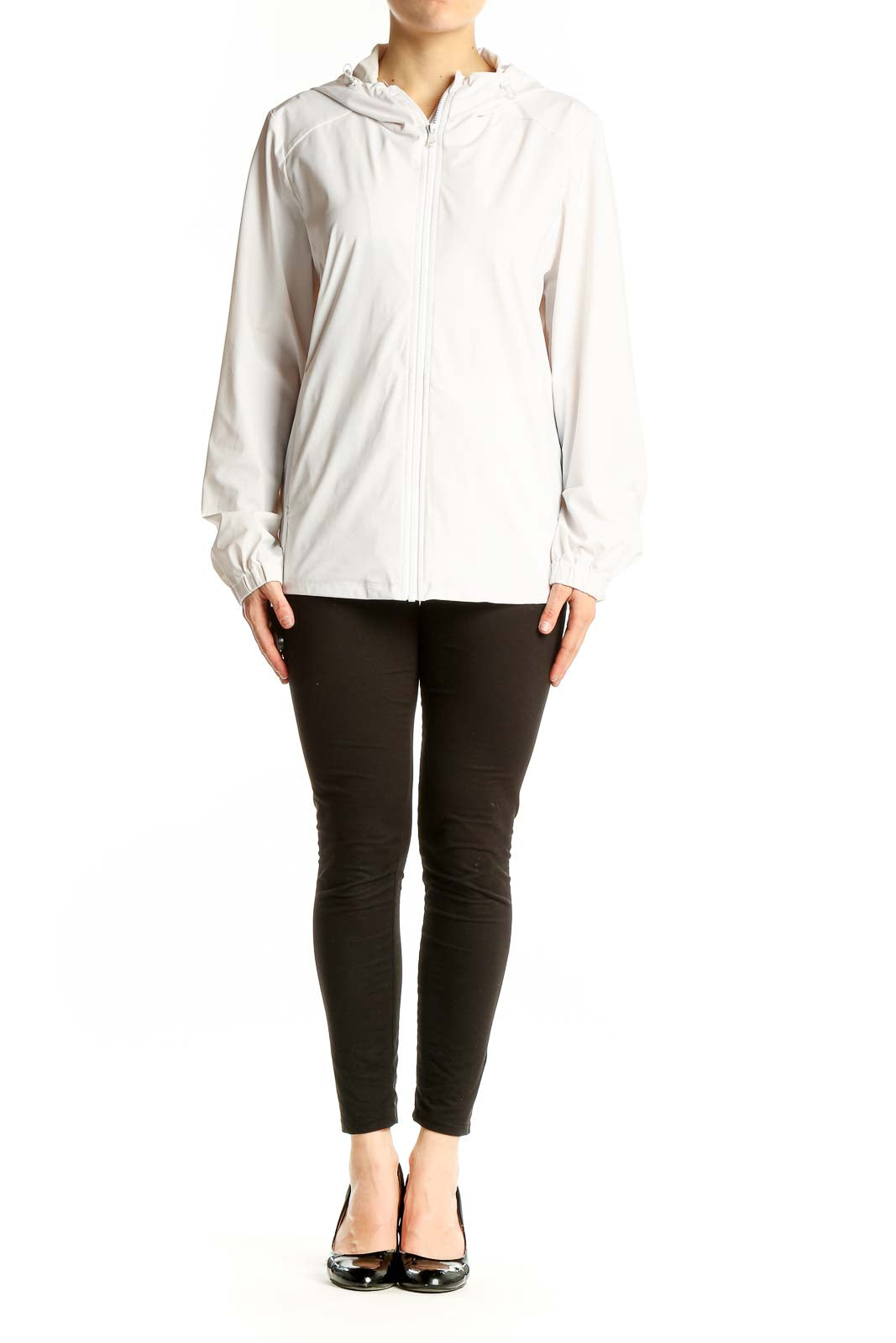 Front view of white Tommy Bahama hooded jacket on model