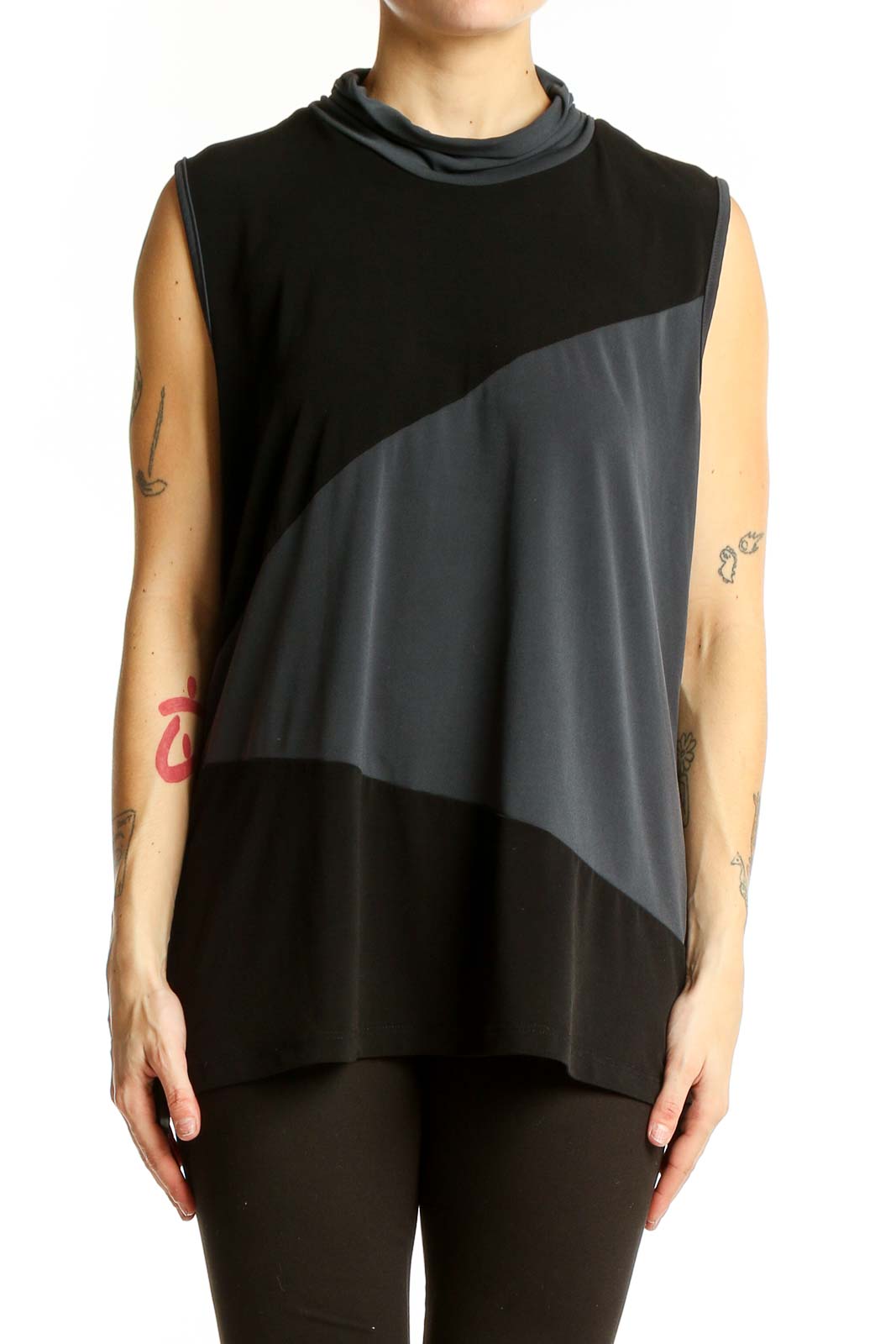 Front view of Lane Bryant black and gray color block sleeveless top with cowl neck